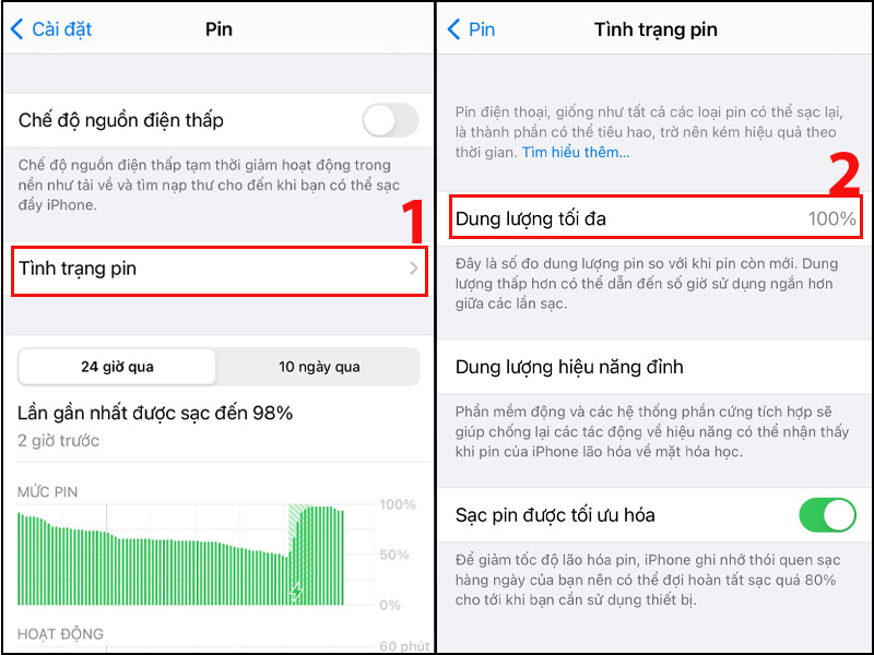 Xem mục dung lượng tối đa để kiểm tra pin trên iPhone